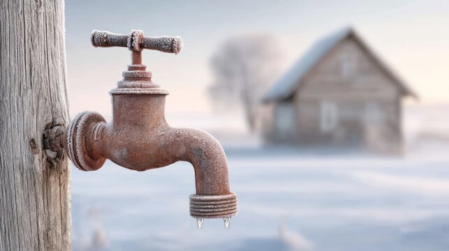Vintage Iron Hand Pump in Rural Yard with Frozen Water and Rustic House