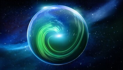Fototapeta premium Vibrant Blue And Green Sphere Spinning Gracefully Through The Infinite Cosmos Representing Continuous Planetary Motion And Universal Cycles Spin Orbital Spinning