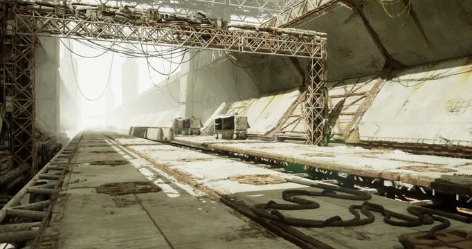 Abandoned megastructure underpass repurposed as salvage staging area, broad concrete lanes with service cutouts and scattered crates, overhead framework casting