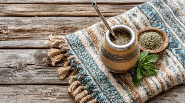 Traditional Gourd Mate Cup with Yerba Mate and Mint on a Rustic Table