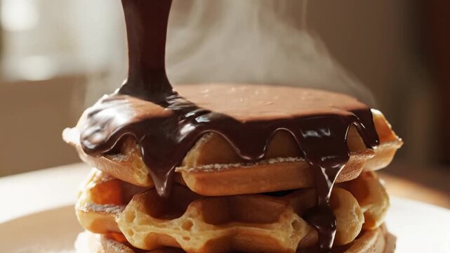 Chocolate sauce pouring on a stack of hot waffles.