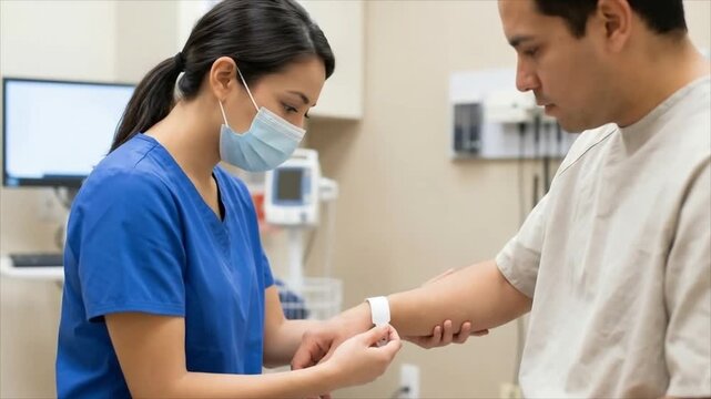 Nurse in blue uniform putting medical identification bracelet on patient arm. Healthcare professional clinical procedure in hospital room for patient identification.