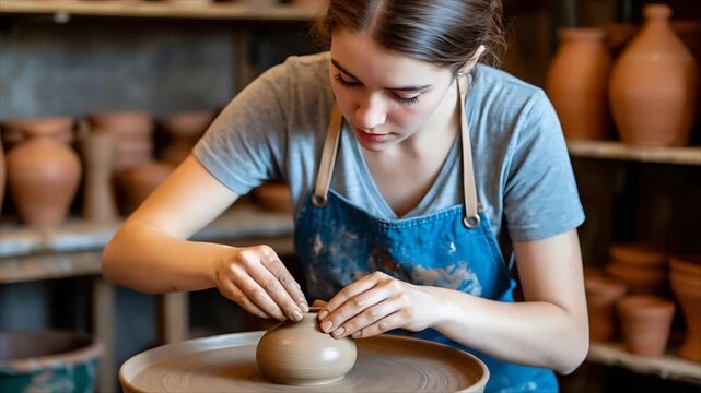 Woman potter working with clay on a wheel in pottery studio. Artisan sculpting vessel with hands. Traditional handmade craft and creative workshop process scene.