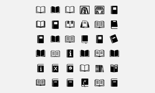 Book icons set. Contains such icons as open book, simple book symbol, library, electronic book, pages, bookmark, literature, dictionary, audiobook, information reference