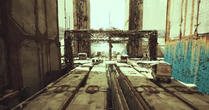 sunlit resupply terminal under construction with temporary barriers and scaffolding, heavy plates and support frames create industrial texture, trucks