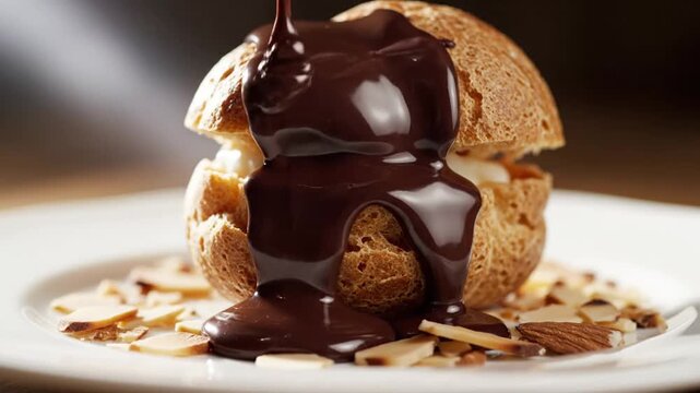 Chocolate sauce pouring over cream puff with almonds on plate