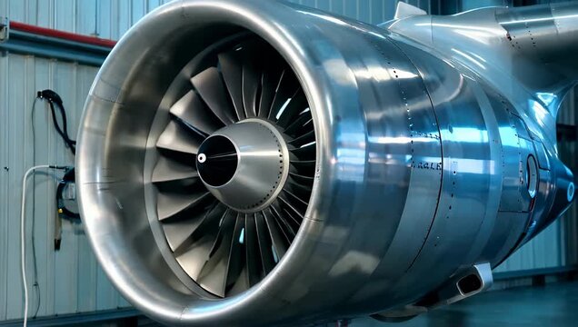Powerful aviation turbine with polished metal reflecting blue industrial lights cinematic detail