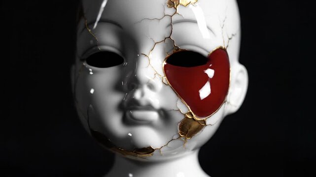 Close Up of Broken Porcelain Doll Face with Red Heart and Gold Cracks