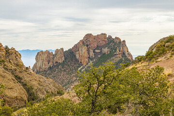 Obraz premium Towering reddish-orange rock pinnacles rise above a rugged canyon with green shrubs and trees under an overcast sky.