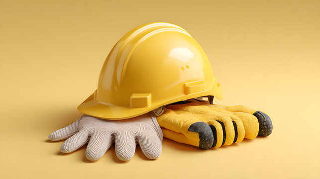 3D semi-real cartoon construction helmet paired with folded work gloves beside it. Clean stylized forms. Solid yellow background.