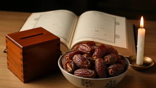 Open holy book, dates, wooden donation box, and lit candle on table, symbolizing ramadan charitable giving and spirituality.