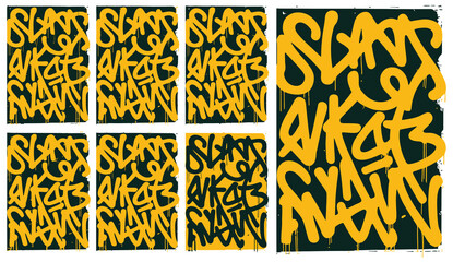 Abstract Yellow Graffiti Tag Vector Set on Black Background, Dripping Spray Paint Street Art Elements, Bold Urban Grunge Patterns for Edgy Modern Design, Wallpaper, Posters © RPO YEN