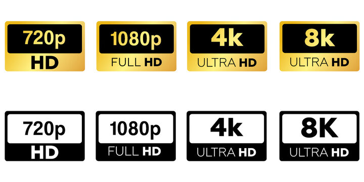 HD 720p 1080p 4K 8K Ultra HD Video Resolution Labels Set