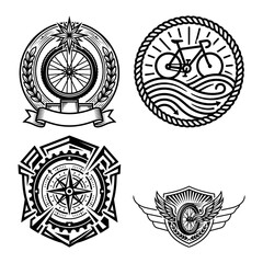 Fototapeta premium Adventure cycling emblem bundle with compass and winged wheel