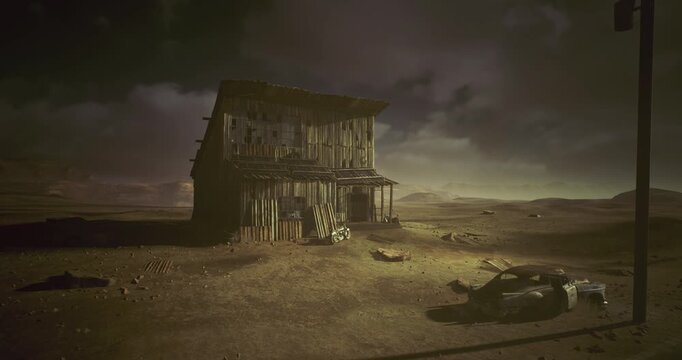 Twilight roadside shack with flickering lantern, scavenger silhouette rummaging through wreckage, oil lamp casting warm glow against cool sky, windblown sand