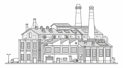Fototapeta premium Detailed Line Drawing of a Large Industrial Factory Building with Multiple Chimneys and Structures.
