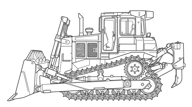 Detailed Line Art Illustration of a Heavy-Duty Bulldozer Construction Vehicle.