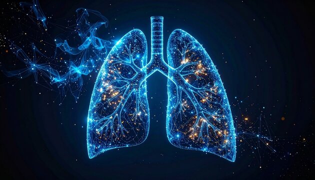 "Digital lungs composed of glowing particles, symbolizing respiratory health, medical analysis, and fusion of biology with technology."
