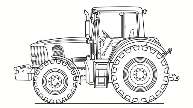 Detailed Line Art Illustration of a Modern Farm Tractor.
