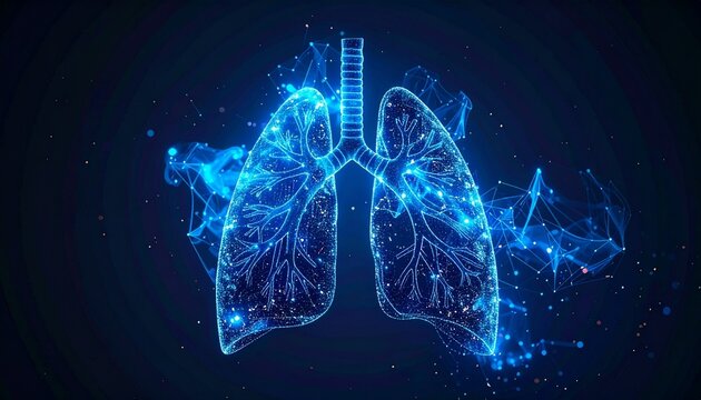"Digital lungs composed of glowing particles, symbolizing respiratory health, medical analysis, and fusion of biology with technology."