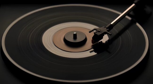 Close up of a spinning vinyl record on a turntable in darkness