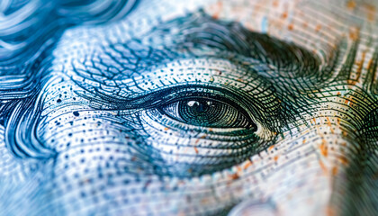Macro View of Detailed Eye Engraving on Currency Banknote with Intricate Security Patterns
