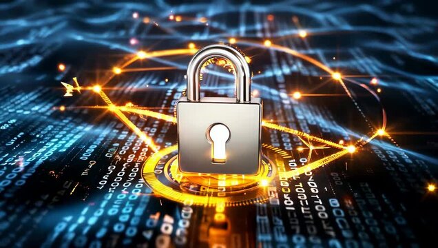 Glowing security lock icon protecting network data with encrypted digital connections