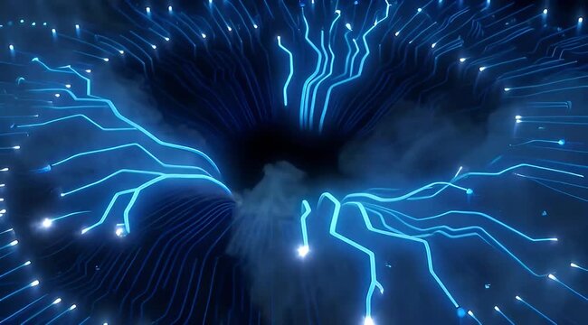 Abstract blue technology digital wave with glowing elements and central dark vortex