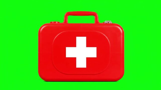 Red first aid kit box with white cross on green background in flat style for medical emergency