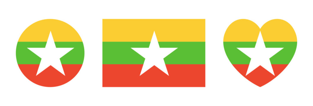 Flag of Myanmar flat icons. Heart shaped, round, rectangular national flag of Myanmar backgrounds. Set of heart, circle, rectangle flag of Myanmar badge, sticker. Button, banner flag Myanmar.