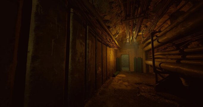 ruststained narrow service corridor with doors. flickering orange light, sealed metal doors with warning signage, sagging insulation and wet debris, muffled