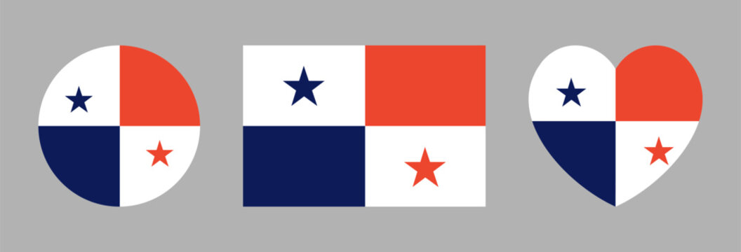 Flag of Panama rounded, rectangular, heart shaped background, banner. Set of Panama flag circular, heart, rectangle icon, sticker, badge. National flag of Panama circle button.