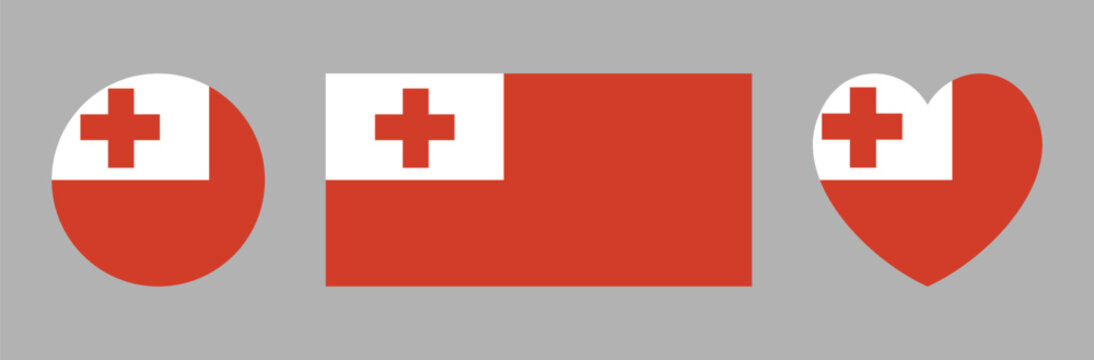 Flag of Tonga rectangular, round, heart shaped button, icon, sticker. Flag rectangle, circle, heart banner, background. National Tonga flag circular badge.