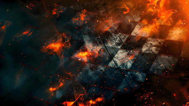 Dark fiery racing checkered flag background with orange red flames smoke and flying sparks