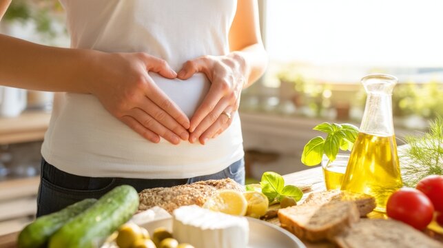 Woman Embracing Heart Shape with Hands Amid Mediterranean Diet Foods