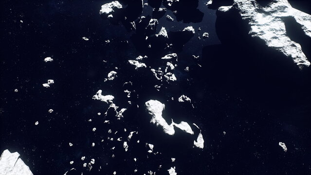 remote prospecting mission scanning asteroid for metallic ore, drilling rigs and tethered platforms imagined beyond frame, focus on resource maps, sample cores