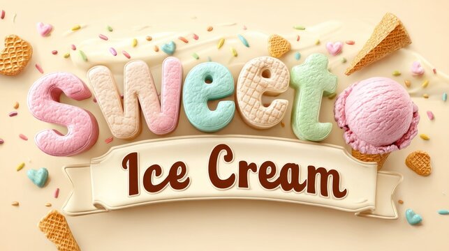 Colorful Ice Cream Typography with Waffle Cones and Sprinkles Design