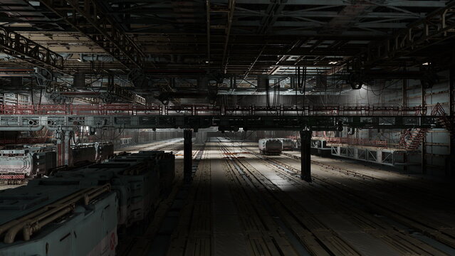 Large depot used for emergency response staging with trains and service vehicles aligned, bright utility lights punctuating dark interior, controlled readiness