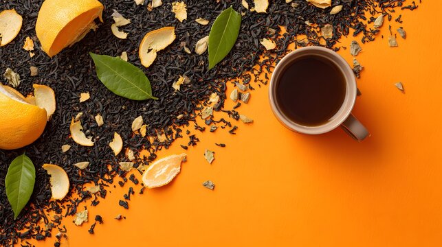 The image features a cup of dark tea or coffee placed on an orange surface