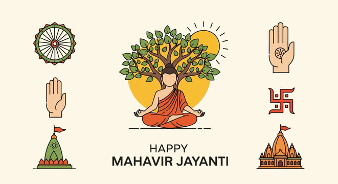 Happy Mahavir Jayanti: Lord Mahavir Meditating Under Tree, Jain Symbols, Temple