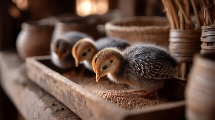 Obraz premium Tiny Spotted Guinea Fowl Chicks Enjoy Feeding Time in Rustic Setting