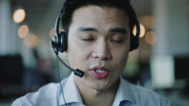 Customer service agent helps caller with support request at call center in busy office setting during working hours