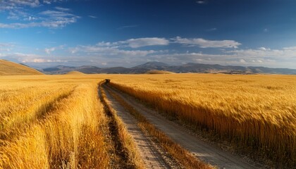 Fototapeta premium Field Of Yellow Grass With A Dirt Road In The Middle