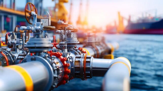 LNG Loading Terminal with Pipes and Equipment at Sunset for Industrial Site