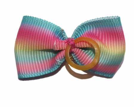 A latex elastic band is attached to a pink and blue rapeseed ribbon bow for dogs on a white background. Dog accessories. Back view.