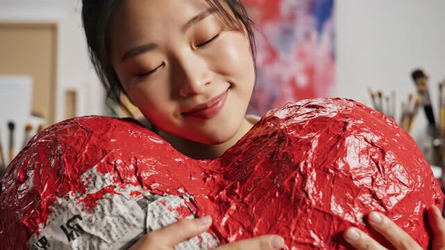 Close Up Woman Hugging Giant Red Paper Mache Heart in Art Studio