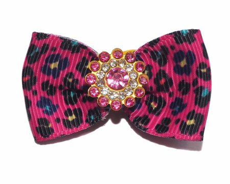 Elegant handmade dog bow pink with colorful pattern and crystal embellishment