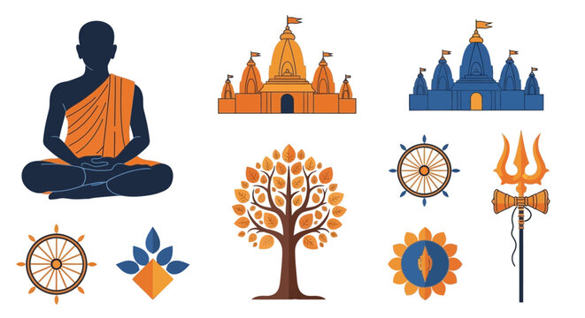 Spiritual Symbols: Meditation, Temples, Tree of Life, Dharma Wheel, Trident