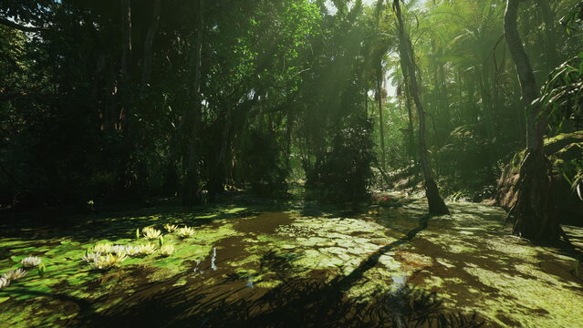 lowlight swamp with ethereal beams piercing dense canopy and mist, damp floor and reflective pools create otherworldly atmosphere suitable for fantasy,