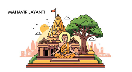 Obraz premium Mahavir Jayanti: Lord Mahavir meditating in front of a temple, symbolizing peace and spirituality